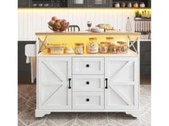 Isla de cocina móvil central - Tablero extensible - 120x71x98cm - con LED - 2 puertas y 3 cajones - estantes abiertos - Blanco
