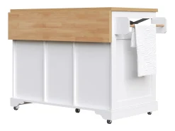 Isla de cocina móvil central - Tablero extensible - 120x71x98cm - con LED - 2 puertas y 3 cajones - estantes abiertos - Blanco