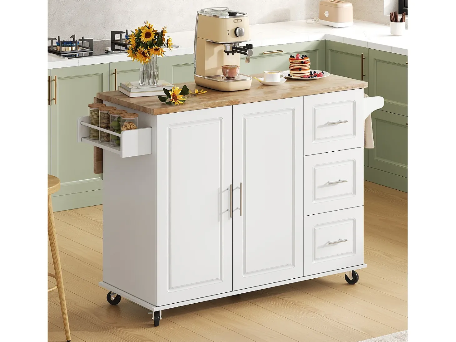 Isla de cocina móvil central - tablero extensible - con toallero - con ruedas - con 3 cajones y 2 puertas - MDF - Blanco