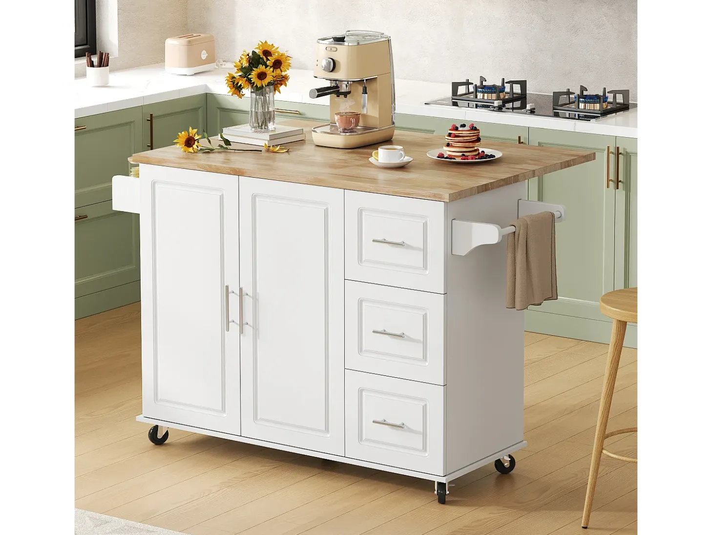 Isla de cocina móvil central - tablero extensible - con toallero - con ruedas - con 3 cajones y 2 puertas - MDF - Blanco