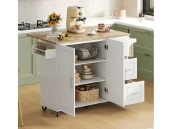 Isla de cocina móvil central - tablero extensible - con toallero - con ruedas - con 3 cajones y 2 puertas - MDF - Blanco