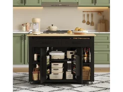 Isla de cocina móvil con 2 cajones y 2 puertas, tomas de corriente - Negro