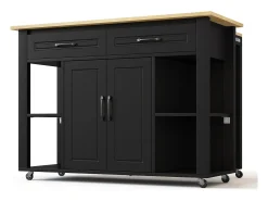 Isla de cocina móvil con 2 cajones y 2 puertas, tomas de corriente - Negro