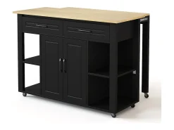 Isla de cocina móvil con 2 cajones y 2 puertas, tomas de corriente - Negro