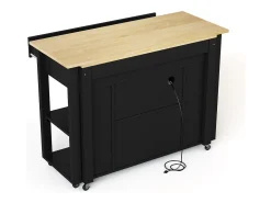 Isla de cocina móvil con 2 cajones y 2 puertas, tomas de corriente - Negro