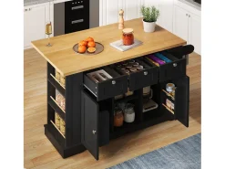 Isla de cocina móvil con 3 cajones, 2 puertas y estantes - encimera extensible - 132 x 40/70 x 87 cm - Madera MDF - Negro + natural