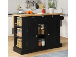 Isla de cocina móvil con 3 cajones, 2 puertas y estantes - encimera extensible - 132 x 40/70 x 87 cm - Madera MDF - Negro + natural