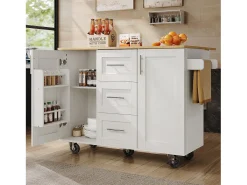 Isla de cocina móvil con 2 puertas, 3 cajones y toallero - Tablero extensible - 134,5 x 46/74 x 90,8 cm - MDF - Blanco