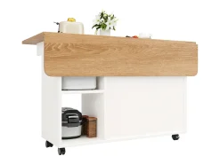 Isla de cocina móvil con 2 puertas y estantes abiertos - Tablero extensible - 120x30(70)x79,5cm - Madera MDF - Blanco y natural