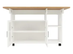 Isla de cocina móvil con 2 puertas y estantes abiertos - Tablero extensible - 120x30(70)x79,5cm - Madera MDF - Blanco y natural