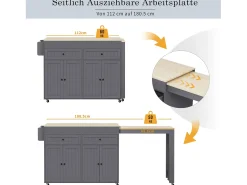 Isla de cocina móvil con encimera extensible, con cajones y ruedas (Gris+Nature) (180,5x45x92,2 cm)