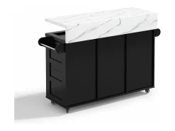 Isla de cocina móvil con encimera abatible - 120 x 42/60 x 93 cm - con 2 puertas + 3 cajones + LED - MDF - negro