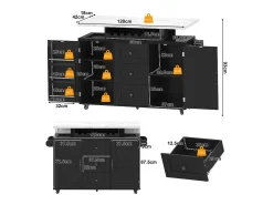 Isla de cocina móvil con encimera abatible - 120 x 42/60 x 93 cm - con 2 puertas + 3 cajones + LED - MDF - negro