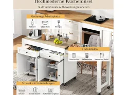 Isla de cocina móvil con encimera extensible, cajones, MDF, blanco y natural (180,5x45x92,2 cm)