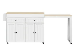 Isla de cocina móvil con encimera extensible, cajones, MDF, blanco y natural (180,5x45x92,2 cm)