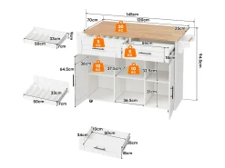 Isla de cocina móvil con encimera abatible - 145 x 45/70 x 94,5 cm - con estantes + 2 puertas + cajón - MDF - blanco