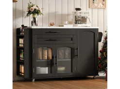 Isla de cocina móvil con encimera abatible - 138 x 45 (70) x 90 cm - con estante + 2 cajones + 3 puertas - MDF - negro