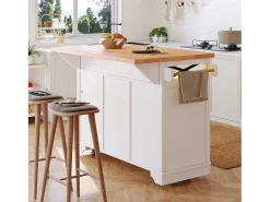 Isla de cocina móvil con mesa plegable - 120 x 43/71 cm x 98 cm - con LED + 2 puertas + 3 cajones + estante - MDF - blanco