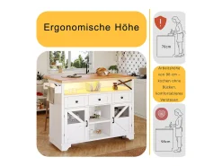 Isla de cocina móvil con mesa plegable - 120 x 43/71 cm x 98 cm - con LED + 2 puertas + 3 cajones + estante - MDF - blanco
