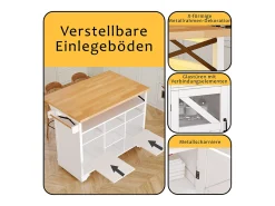 Isla de cocina móvil con mesa plegable - 120 x 43/71 cm x 98 cm - con LED + 2 puertas + 3 cajones + estante - MDF - blanco
