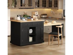 Isla de cocina móvil con mesa extensible - 132/235 x 60 x 93 cm - mesa de bar con estantes + puertas + cajón - MDF - negro