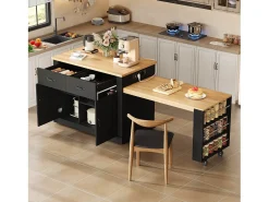 Isla de cocina móvil con mesa extensible - 132/235 x 60 x 93 cm - mesa de bar con estantes + puertas + cajón - MDF - negro