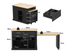 Isla de cocina móvil con mesa extensible - 132/235 x 60 x 93 cm - mesa de bar con estantes + puertas + cajón - MDF - negro