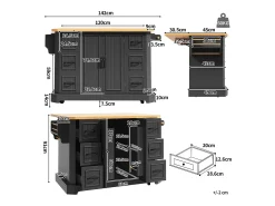 Isla de cocina móvil con mesa plegable - 120 x 45/75 cm x 91 cm - con 2 puertas + 6 cajones - MDF - negro