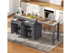 Isla de cocina móvil gris - Carrito de cocina con 4 puertas y 2 cajones - Superficie extensible y especiero