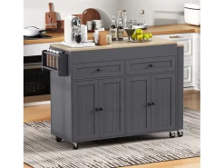 Isla de cocina móvil gris - Carrito de cocina con 4 puertas y 2 cajones - Superficie extensible y especiero