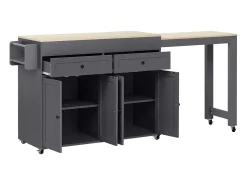 Isla de cocina móvil gris - Carrito de cocina con 4 puertas y 2 cajones - Superficie extensible y especiero