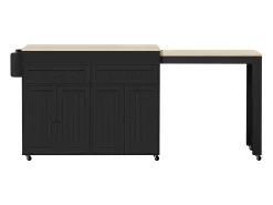 Isla de cocina móvil negra - Carrito de cocina con 4 puertas y 2 cajones - tablero de madera extensible y especiero