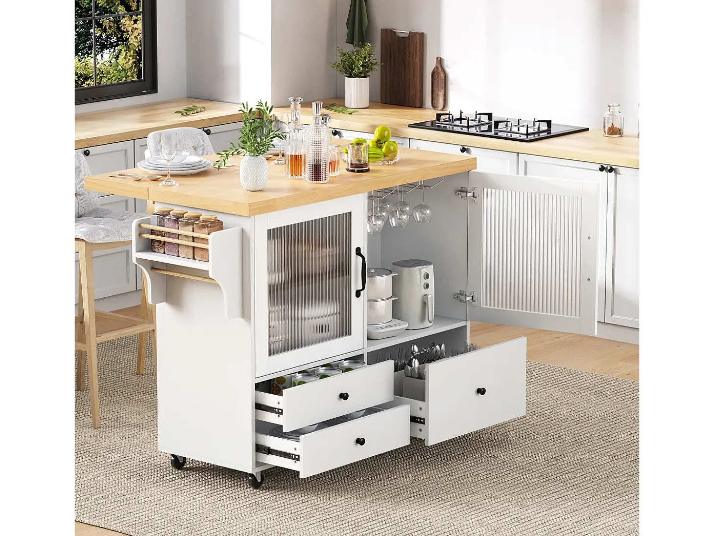 Isla de cocina móvil 100x42x91.5cm - encimera extensible - espacio de almacenamiento multifuncional - blanco