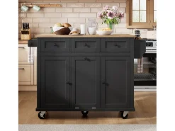 Isla de cocina móvil 131.2x46.2x92.7cm - con ruedas - 3 cajones y 3 puertas - encimera extensible - con toallero - negro