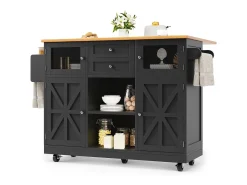 Isla de cocina negra - Carrito de cocina con 2 cajones y 4 puertas - Especiero y toallero