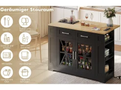 Isla de cocina portátil - 120 x 40/65 x 92 cm - con mesa plegable + puertas de cristal + 2 cajones + toma de corriente + puerto USB - MDF - negro + natural