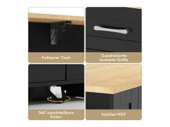 Isla de cocina portátil - 120 x 40/65 x 92 cm - con mesa plegable + puertas de cristal + 2 cajones + toma de corriente + puerto USB - MDF - negro + natural