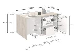 Isla de cocina Sole con 1 puerta, 2 cajones y 6 compartimentos, blanco brillo/roble, 153 x 90 x 91 cm