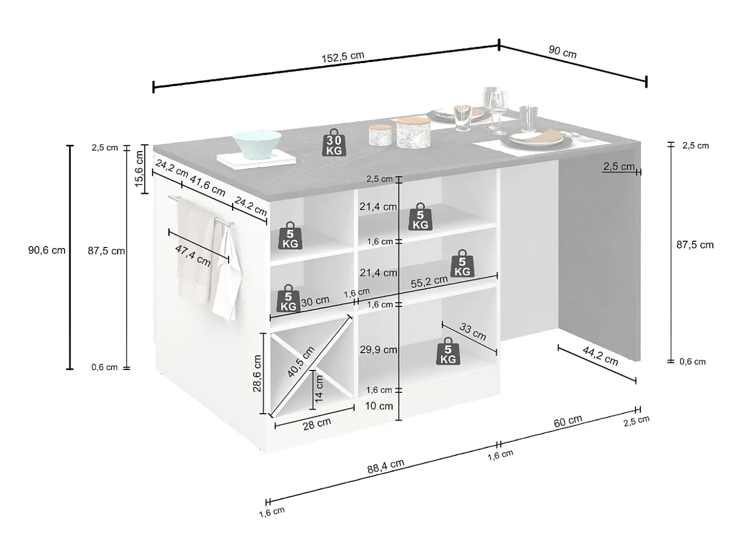 Isla de cocina Sole con 1 puerta, 2 cajones y 6 compartimentos, color antracita mate/roble, 153 x 90 x 91 cm