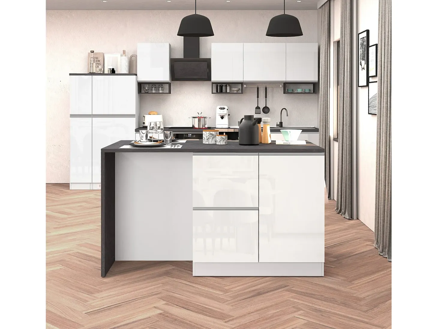 Isla de cocina Sole con 1 puerta, 2 cajones y 6 compartimentos blanco brillo/report 153x90x91 cm
