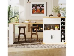 Isla de cocina/barra - 193,5 x 70 x 95,5 cm - con mesa extraíble + 2 cajones + 4 puertas - MDF + metal - blanco