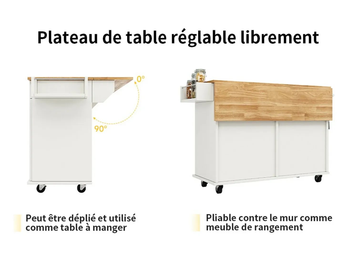 Isla de la cocina central en paneles MDF, con almacenamiento, ruedas giratorias, mesa plegable, 106x50/78x90.5cm, blanco