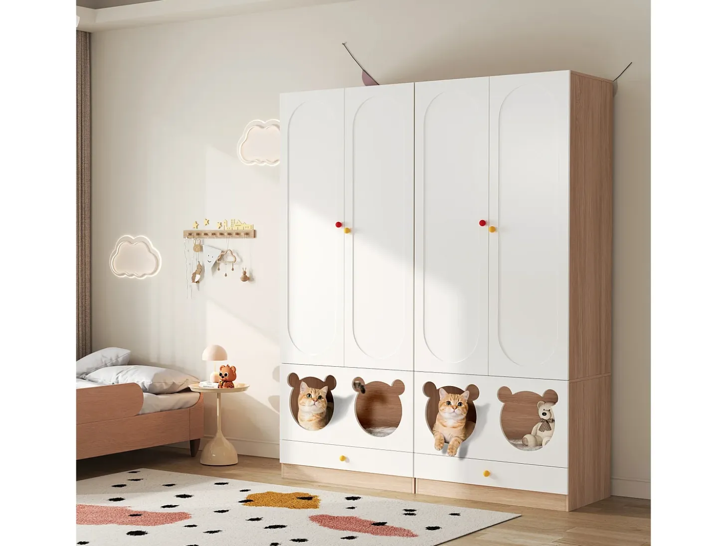 Juego de 2 armarios infantiles 160x50x200 cm - con barras para colgar ropa - con camas para gatos - 4 puertas - blanco + natural