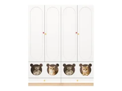 Juego de 2 armarios infantiles 160x50x200 cm - con barras para colgar ropa - con camas para gatos - 4 puertas - blanco + natural