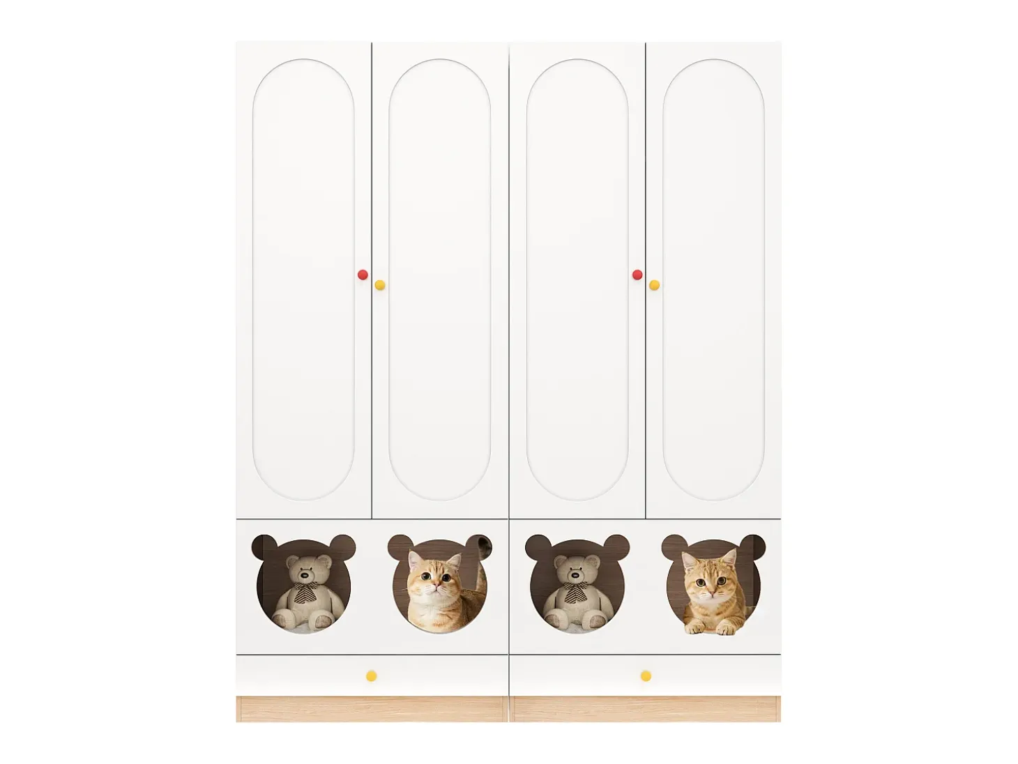 Juego de 2 armarios infantiles 160x50x200 cm - con barras para colgar ropa - con camas para gatos - 4 puertas - blanco + natural