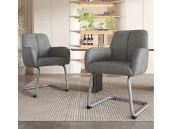 Juego de 6 elegantes sillas de comedor con reposabrazos, piel sintética, patas de metal curvadas, color gris (56 x 56 x 76 cm)