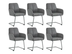 Juego de 6 elegantes sillas de comedor con reposabrazos, piel sintética, patas de metal curvadas, color gris (56 x 56 x 76 cm)