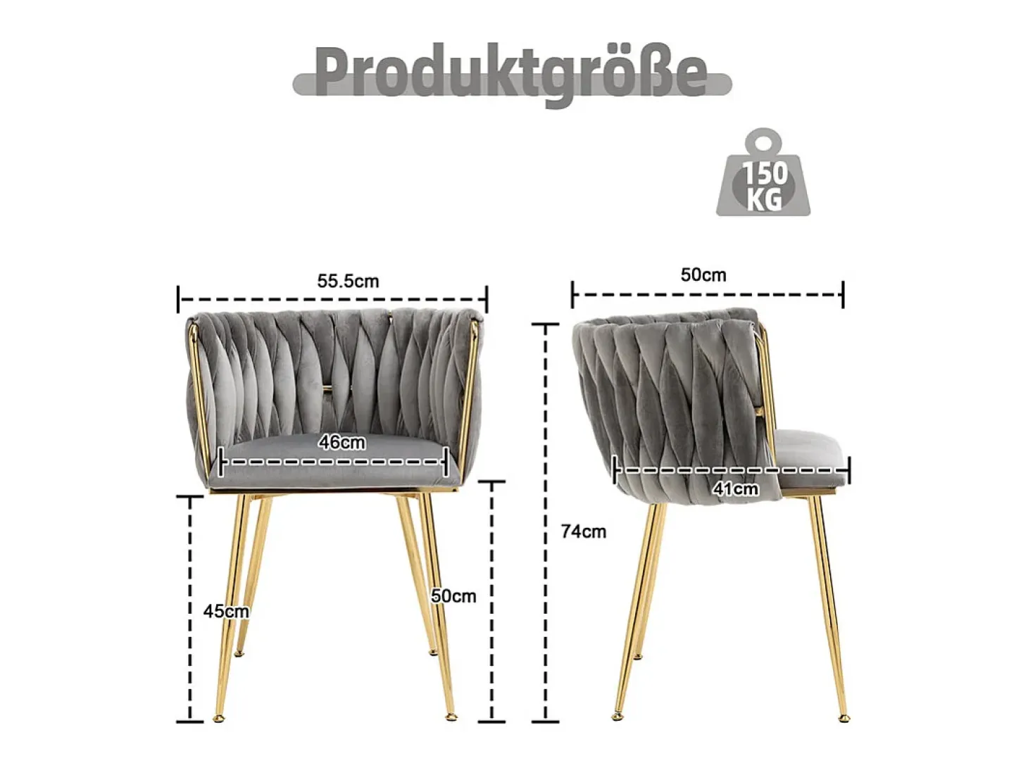 Juego de 2 Silla en terciopelo gris - patas de metal con patines antideslizantes - 54x52x72cm
