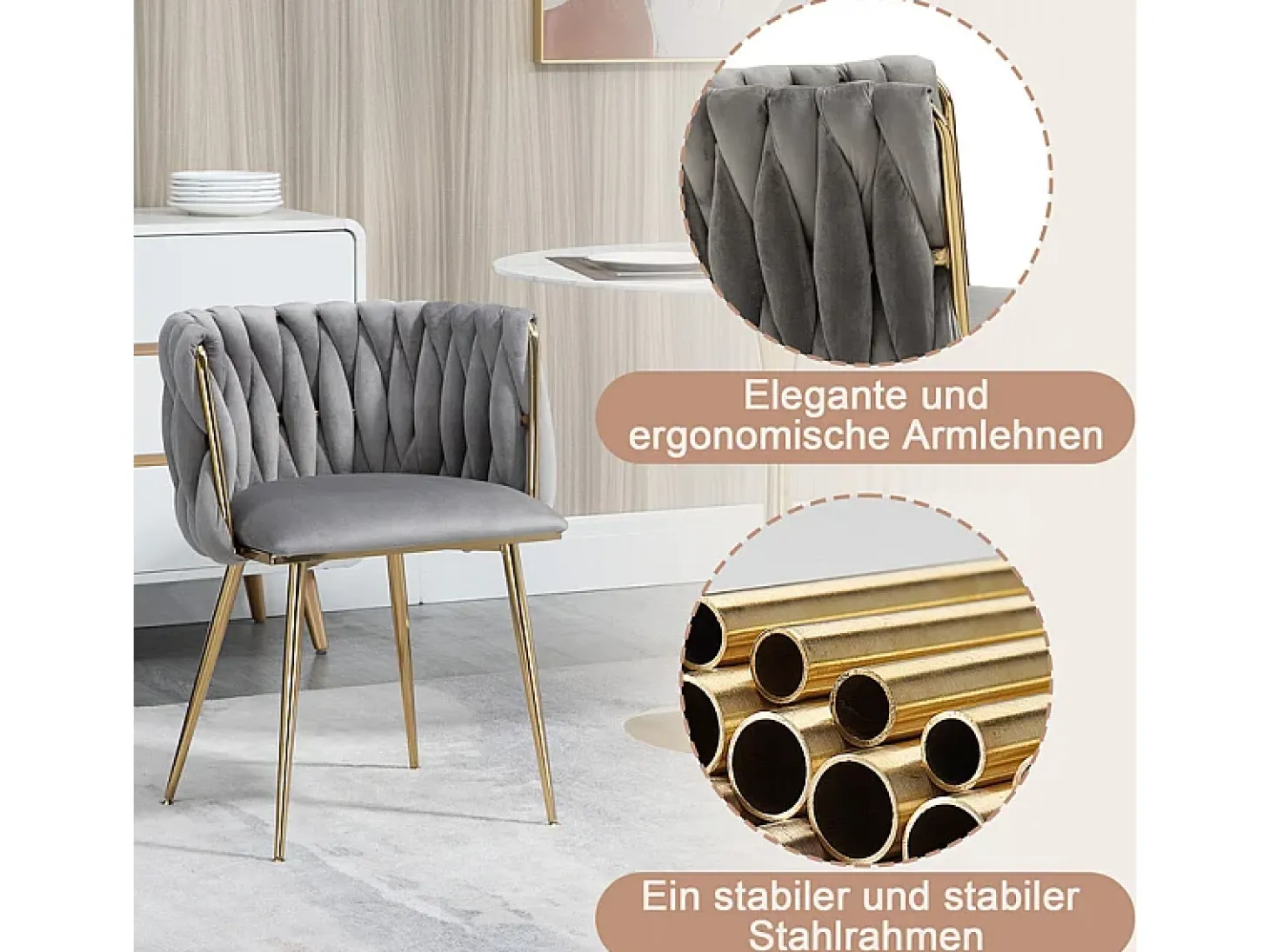Juego de 2 Silla en terciopelo gris - patas de metal con patines antideslizantes - 54x52x72cm