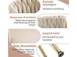 Juego de 2 Silla en terciopelo beige - patas de metal con patines antideslizantes - 54x52x72cm